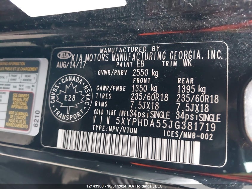 2018 Kia Sorento VIN: 5XYPHDA55JG381719 Lot: 12143900