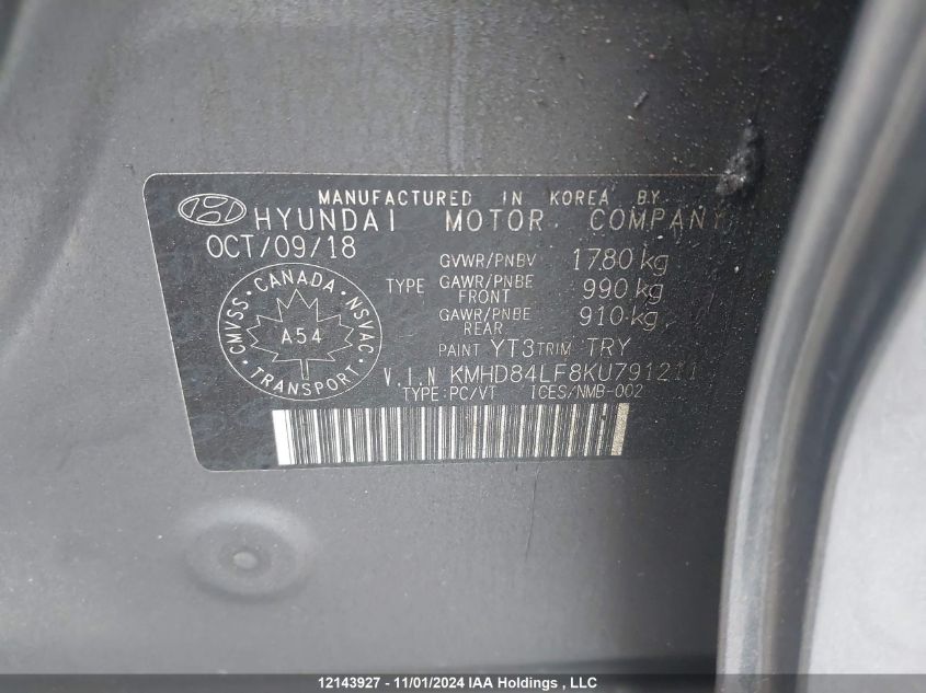 2019 Hyundai Elantra Preferred VIN: KMHD84LF8KU791211 Lot: 12143927