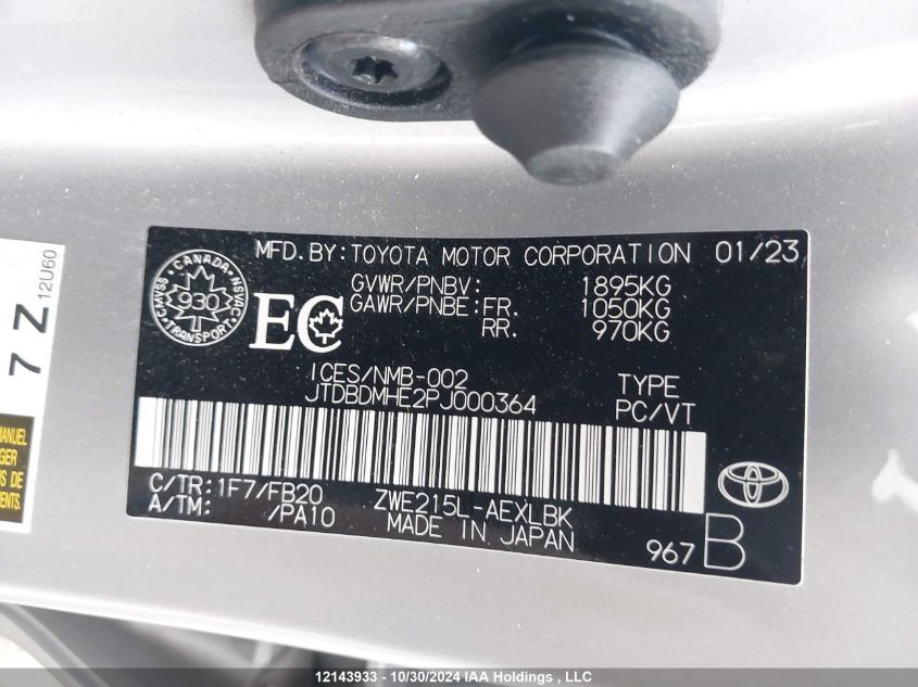 2023 Toyota Corolla Hybrid VIN: JTDBDMHE2PJ000364 Lot: 12143933