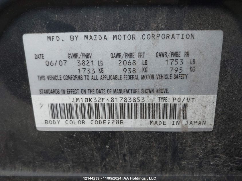 2008 Mazda 3 I VIN: JM1BK32F481783853 Lot: 12144239