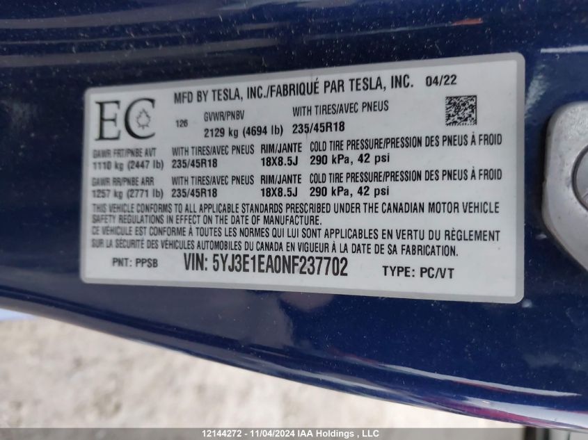 2022 Tesla Model 3 VIN: 5YJ3E1EA0NF237702 Lot: 12144272