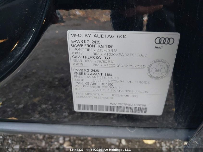 2014 Audi Q5 VIN: WA1CFCFP6EA106286 Lot: 12144327