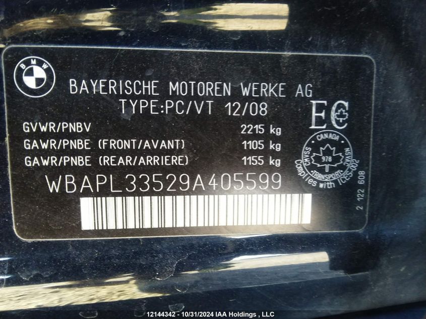 2009 BMW 3 Series VIN: WBAPL33529A405599 Lot: 12144342