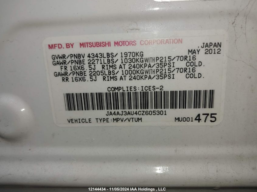 2012 Mitsubishi Rvr Se VIN: JA4AJ3AU4CZ605301 Lot: 12144434