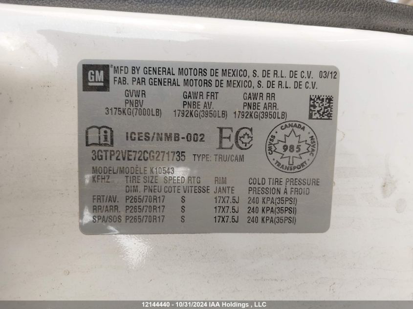 2012 GMC Sierra 1500 VIN: 3GTP2VE72CG271735 Lot: 12144440