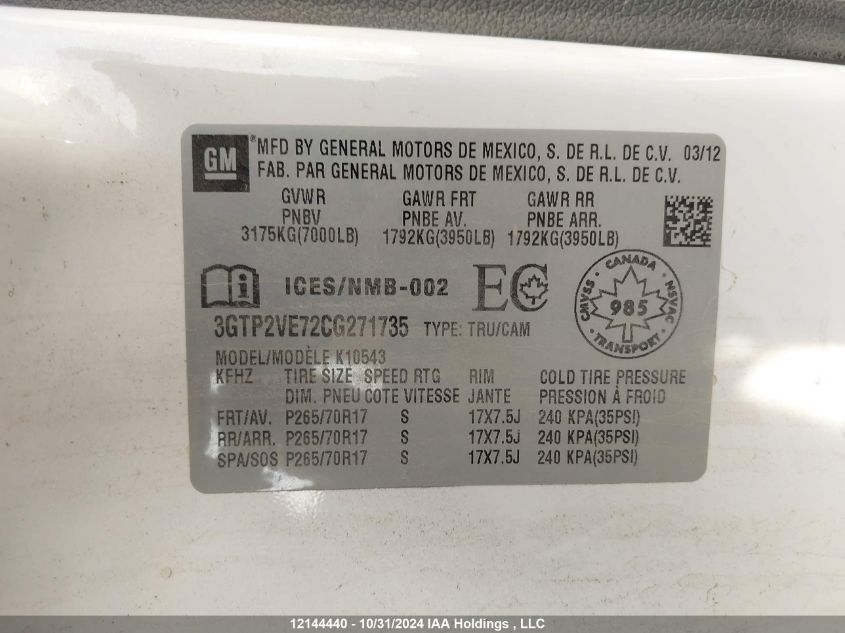2012 GMC Sierra 1500 VIN: 3GTP2VE72CG271735 Lot: 12144440