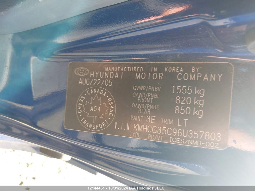 2006 Hyundai Accent Gt/Gl/Gls VIN: KMHCG35C96U357803 Lot: 12144451