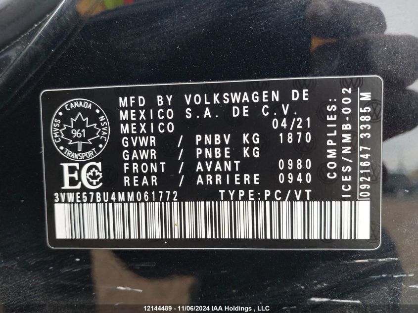 2021 Volkswagen Jetta VIN: 3VWE57BU4MM061772 Lot: 12144489