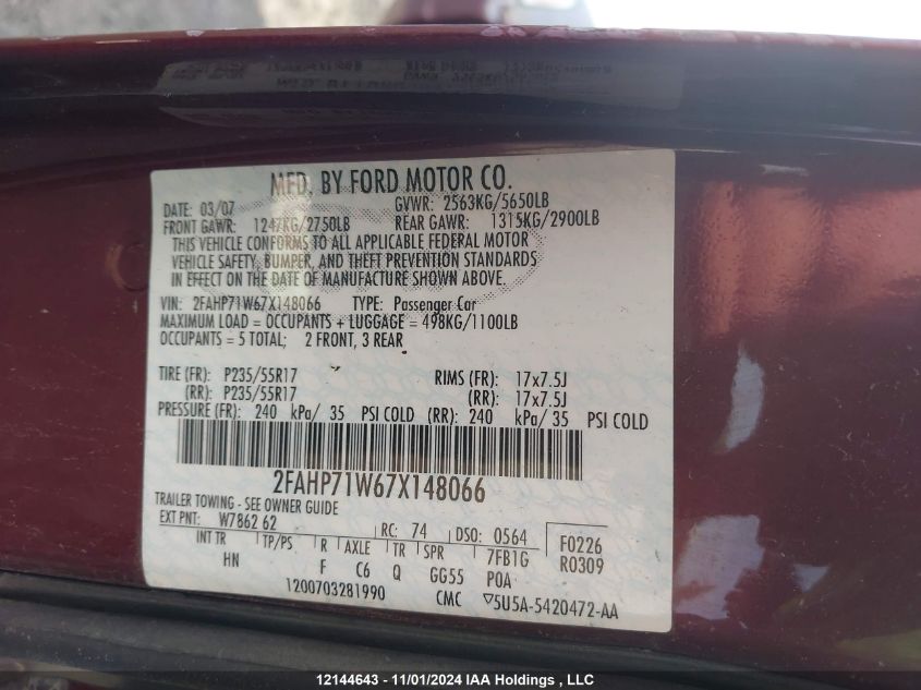 2007 Ford Crown Victoria Lx/Sport VIN: 2FAFP74V97X148086 Lot: 12144643