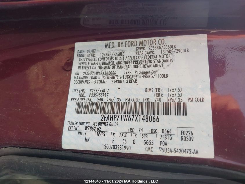 2007 Ford Crown Victoria Lx/Sport VIN: 2FAFP74V97X148086 Lot: 12144643