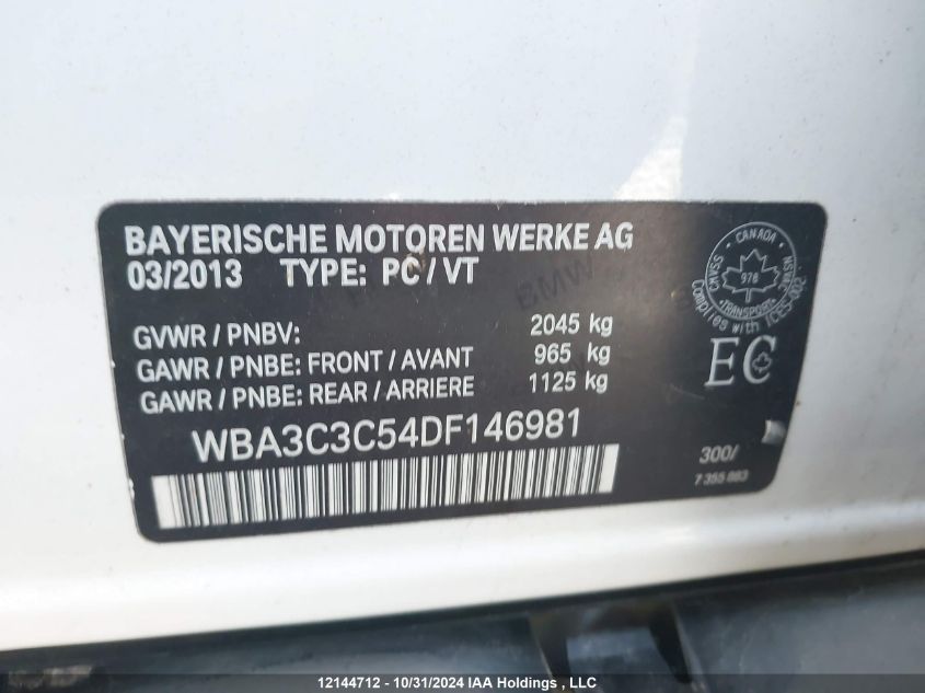 2013 BMW 3 Series VIN: WBA3C3C54DF146981 Lot: 12144712