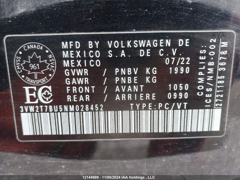 2022 Volkswagen Jetta Gli VIN: 3VW2T7BU5NM028452 Lot: 12144989