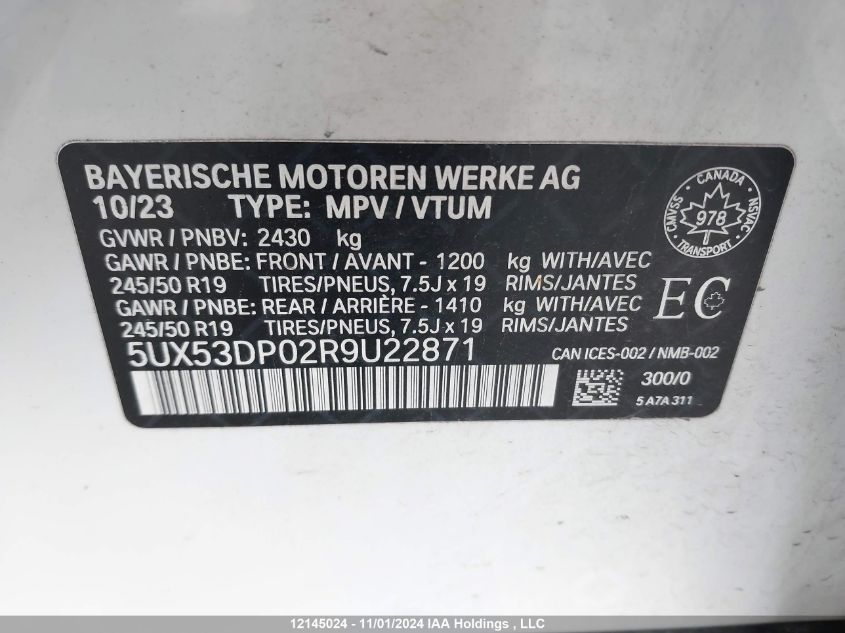 2024 BMW X3 VIN: 5UX53DP02R9U22871 Lot: 12145024