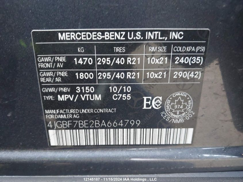 2011 Mercedes-Benz Gl-Class VIN: 4JGBF7BE2BA664799 Lot: 12145187