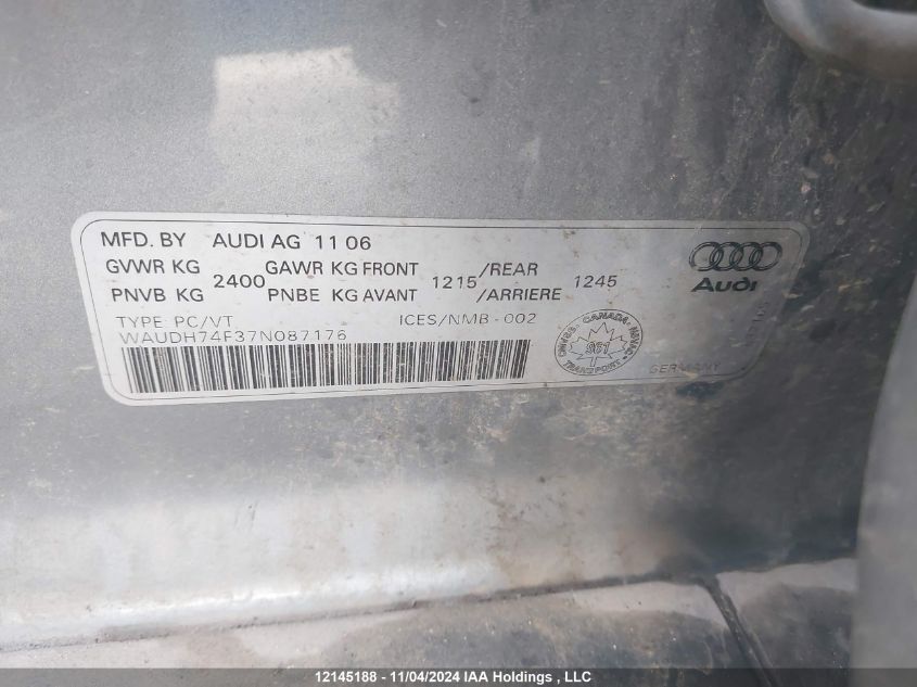 2007 Audi A6 VIN: WAUDH74F37N087176 Lot: 12145188