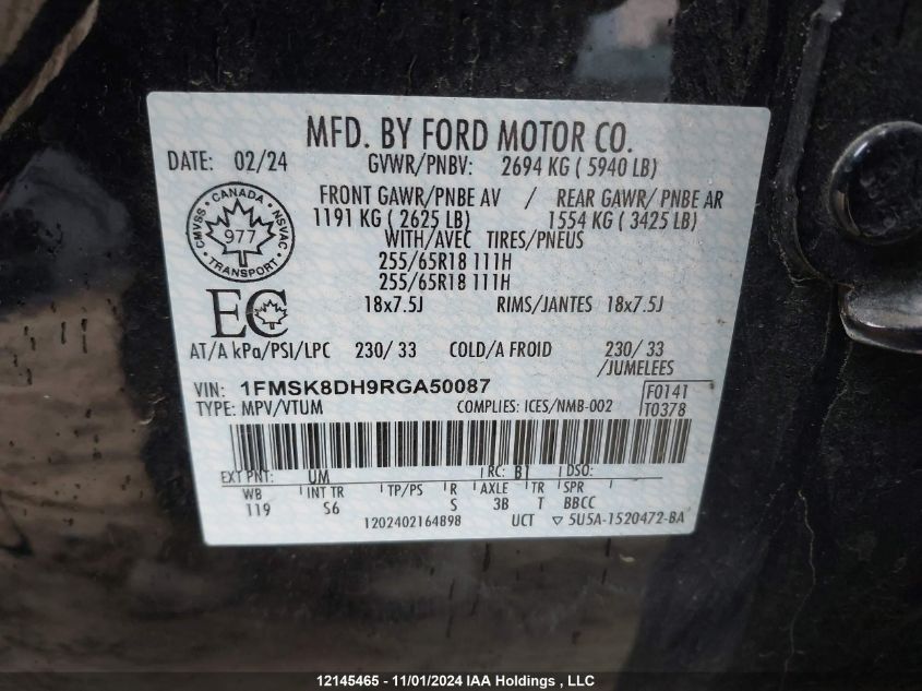 2024 Ford Explorer Xlt VIN: 1FMSK8DH9RGA50087 Lot: 12145465