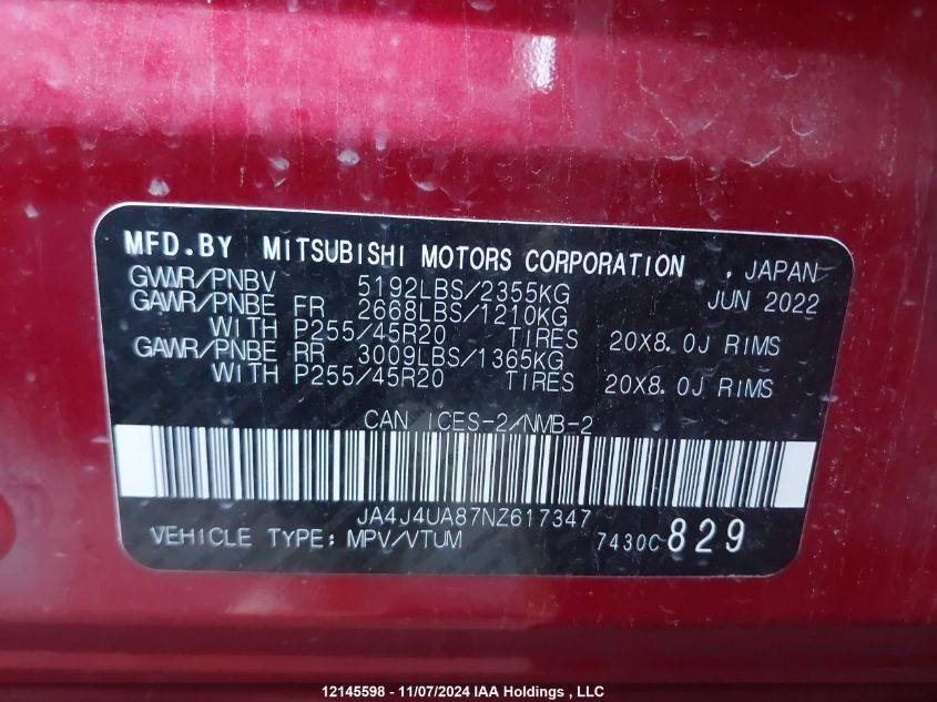 2022 Mitsubishi Outlander VIN: JA4J4UA87NZ617347 Lot: 12145598