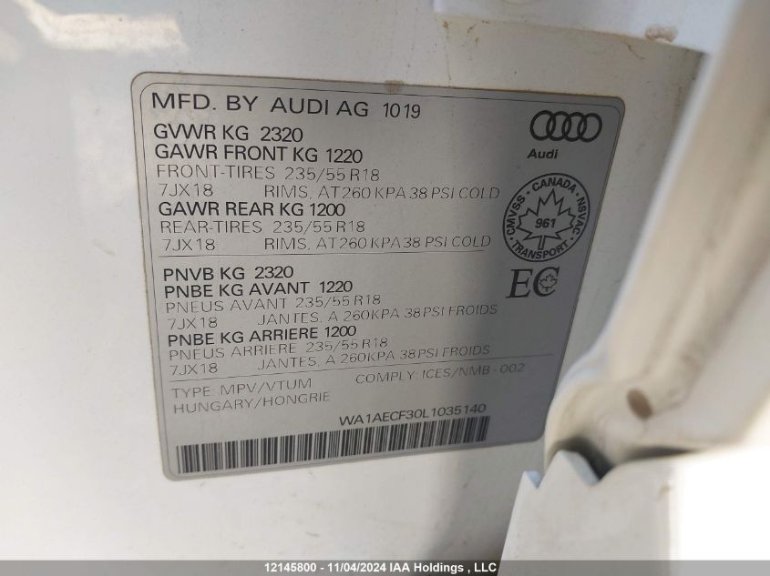 2020 Audi Q3 VIN: WA1AECF30L1035140 Lot: 12145800