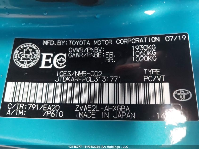 2020 Toyota Prius Prime Upgrade VIN: JTDKARFP0L3131771 Lot: 12146277