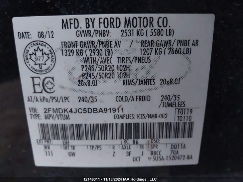 2013 Ford Edge Sel VIN: 2FMDK4JC5DBA91911 Lot: 12146311