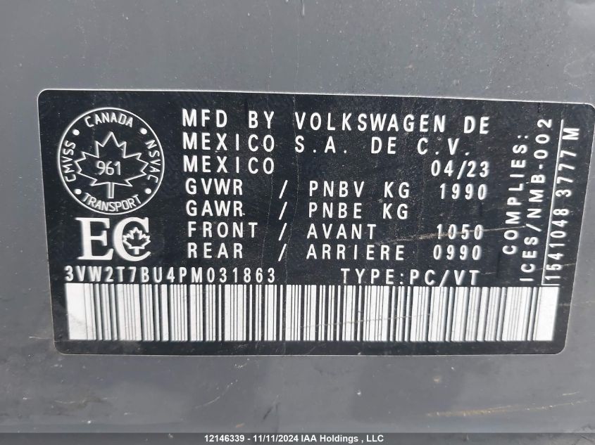 2023 Volkswagen Jetta Gli VIN: 3VW2T7BU4PM031863 Lot: 12146339