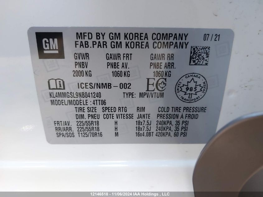 2022 Buick Encore Gx VIN: KL4MMGSL9NB041240 Lot: 12146518