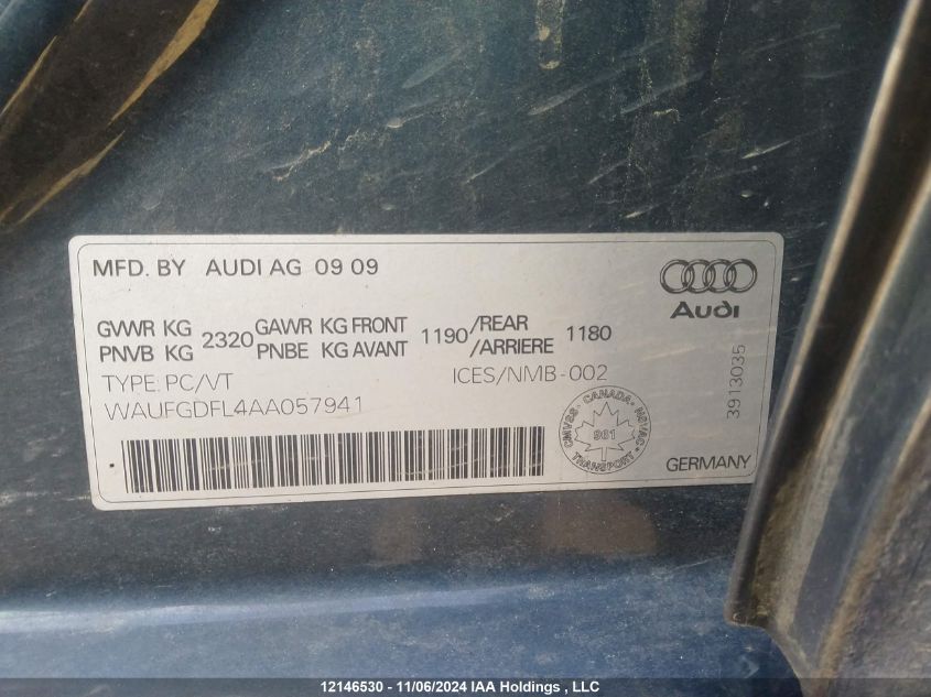 2010 Audi S4 VIN: WAUFGDFL4AA057941 Lot: 12146530