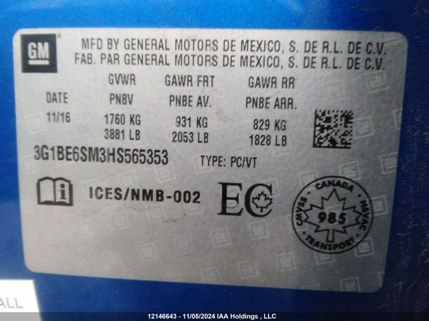 2017 Chevrolet Cruze VIN: 3G1BE6SM3HS565353 Lot: 12146643