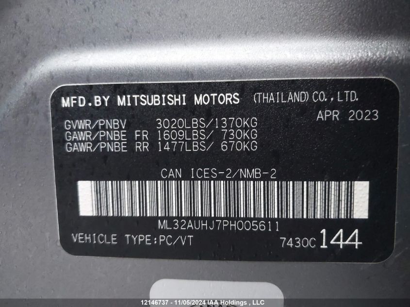 2023 Mitsubishi Mirage VIN: ML32AUHJ7PH005611 Lot: 12146737