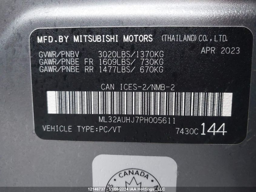 2023 Mitsubishi Mirage VIN: ML32AUHJ7PH005611 Lot: 12146737