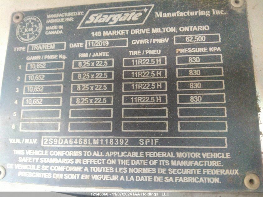 2020 Stargate Dump VIN: 2S9DA6468LM118392 Lot: 12146860