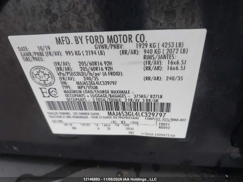 2020 Ford Ecosport Se VIN: MAJ6S3GL4LC329797 Lot: 12146893