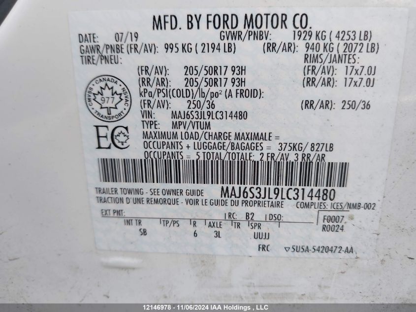 2020 Ford Ecosport Ses VIN: MAJ6S3JL9LC314480 Lot: 12146978