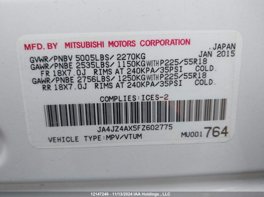 2015 Mitsubishi Outlander VIN: JA4JZ4AX5FZ602775 Lot: 12147248