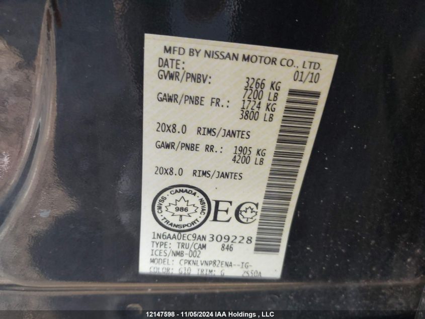 2010 Nissan Titan Xe VIN: 1N6AA0EC9AN309228 Lot: 12147598