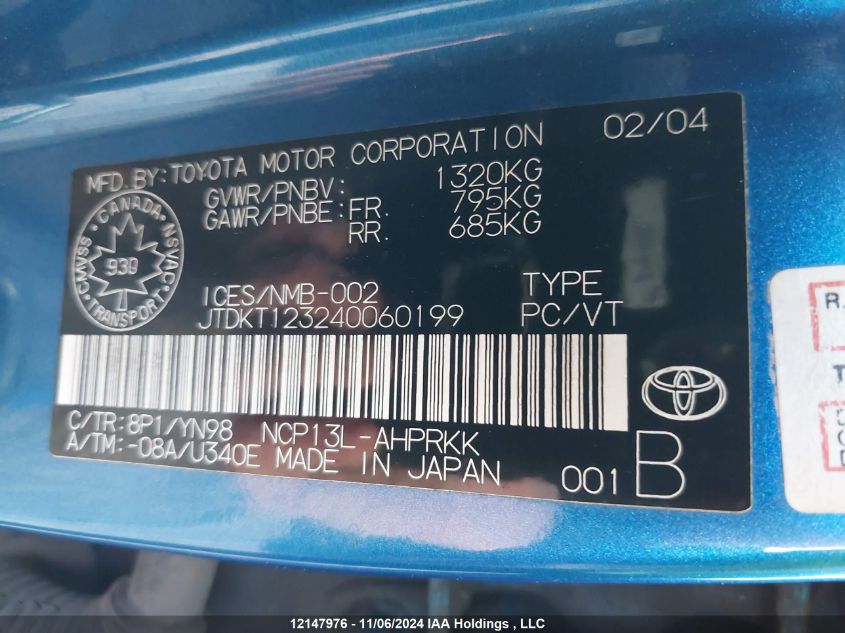 2004 Toyota Echo VIN: JTDKT123240060199 Lot: 12147976