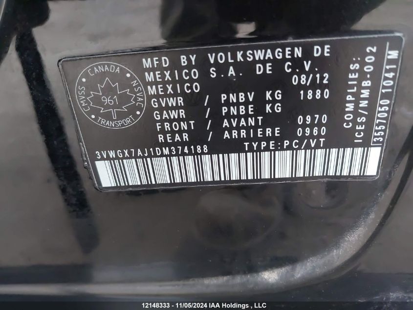 2013 Volkswagen Jetta Sel VIN: 3VWGX7AJ1DM374188 Lot: 12148333