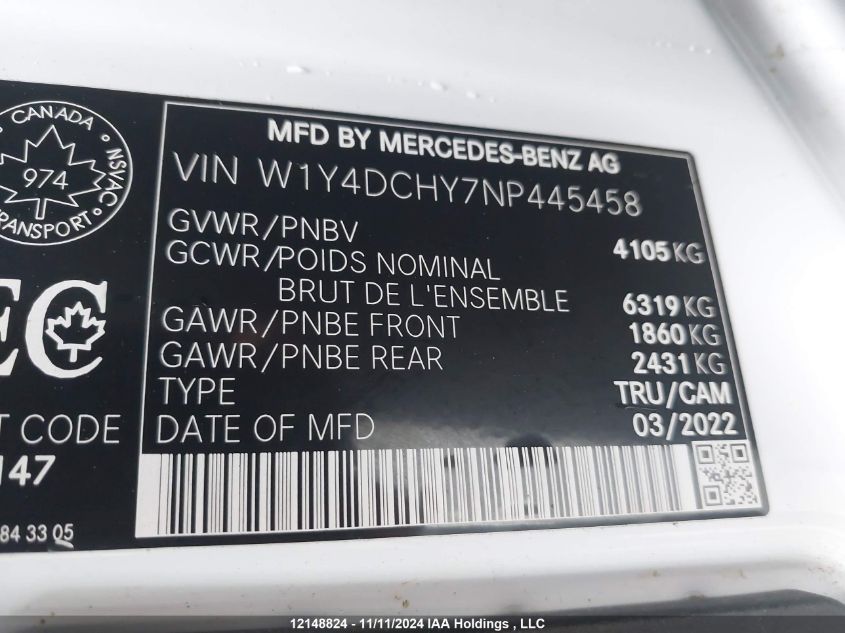 2022 Mercedes-Benz Sprinter 2500 VIN: W1Y4DCHY7NP445458 Lot: 12148824