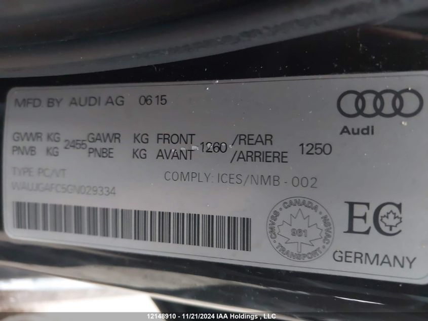 2016 Audi A6 VIN: WAUJGAFC5GN029334 Lot: 12148910