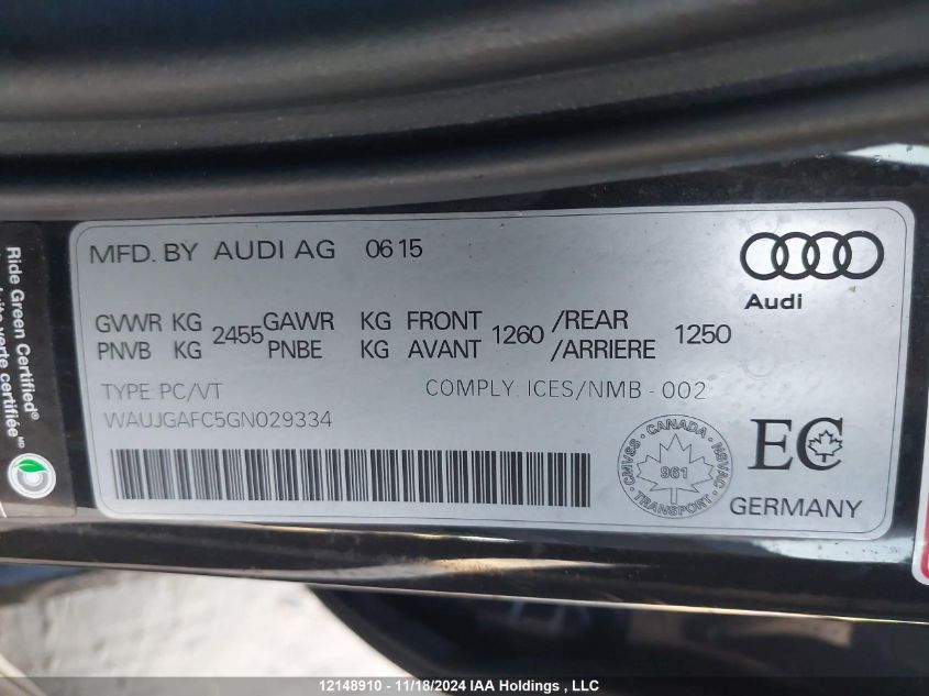 2016 Audi A6 VIN: WAUJGAFC5GN029334 Lot: 12148910