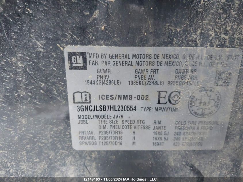 2017 Chevrolet Trax VIN: 3GNCJLSB7HL230554 Lot: 12149163