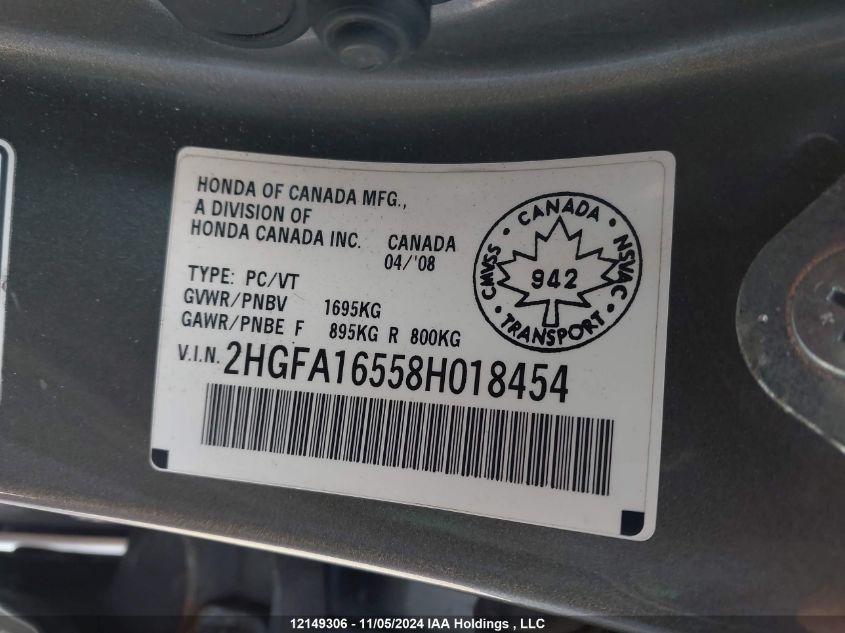 2008 Honda Civic Sdn VIN: 2HGFA16558H018454 Lot: 12149306