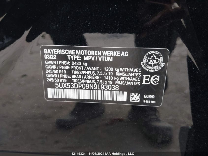 2022 BMW X3 VIN: 5UX53DP09N9L93038 Lot: 12149324