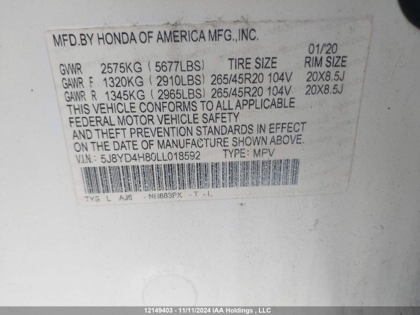 2020 Acura Mdx Advance Pkg VIN: 5J8YD4H80LL018592 Lot: 12149403