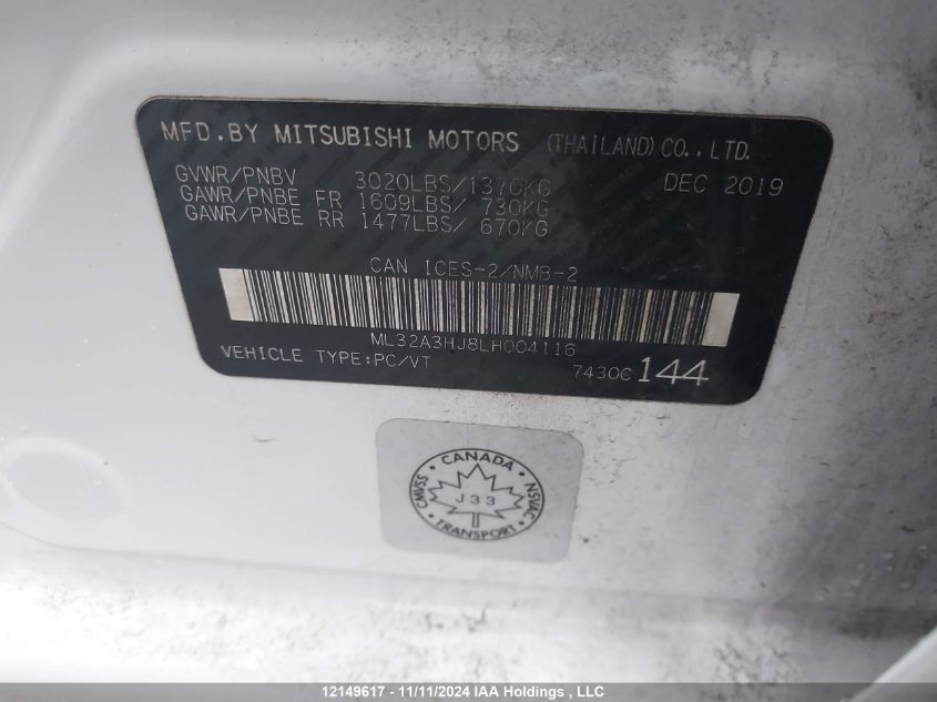 2020 Mitsubishi Mirage VIN: ML32A3HJ8LH004116 Lot: 12149617