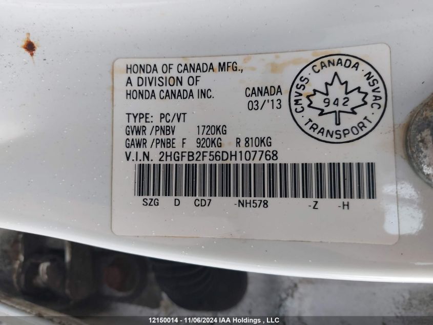 2013 Honda Civic Sdn VIN: 2HGFB2F56DH107768 Lot: 12150014