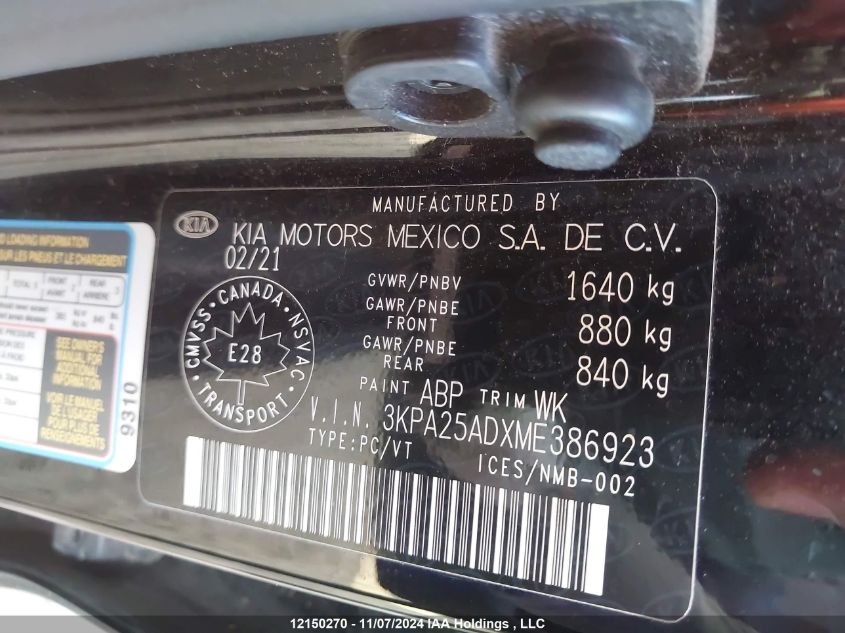 2021 Kia Rio 5-Door VIN: 3KPA25ADXME386923 Lot: 12150270