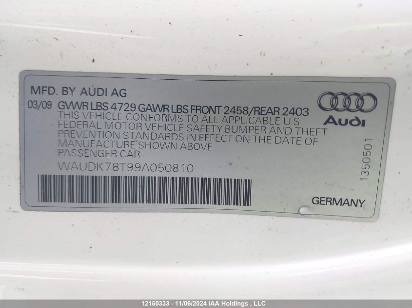 2009 Audi A5 Quattro VIN: WAUDK78T99A050810 Lot: 12150333