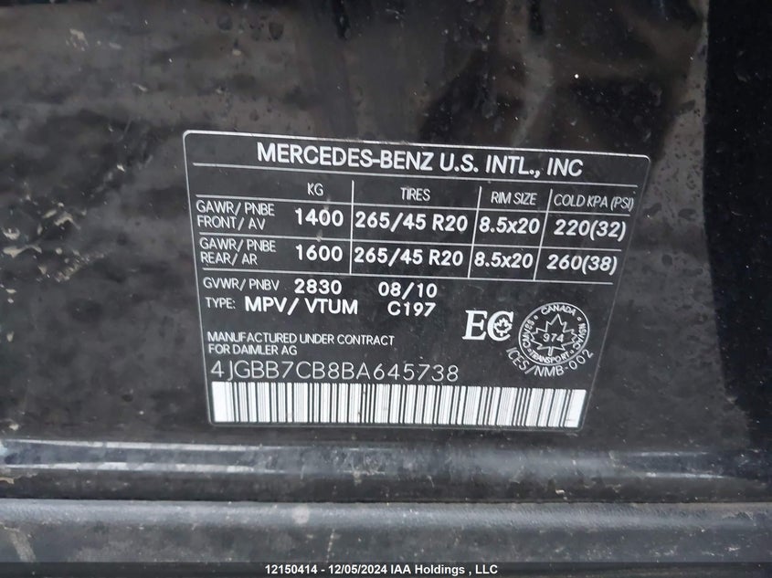 2011 Mercedes-Benz M-Class VIN: 4JGBB7CB8BA645738 Lot: 12150414