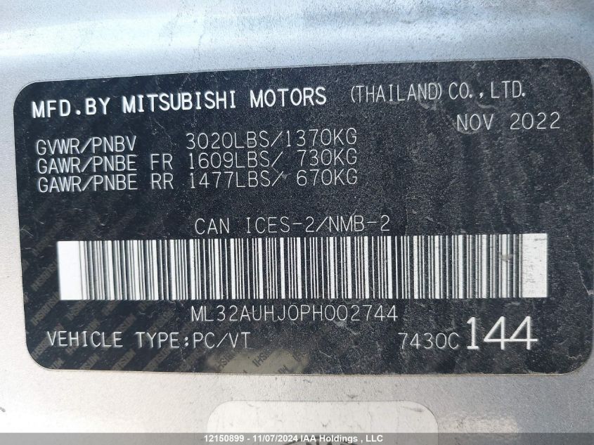 2023 Mitsubishi Mirage VIN: ML32AUHJ0PH002744 Lot: 12150899